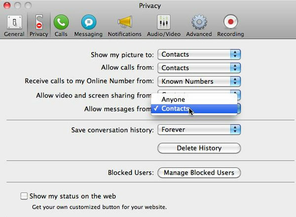 privacy features on skype for mac